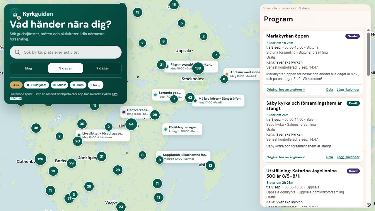 Kyrkguidens interaktiva karta och sökning efter aktiviteter
